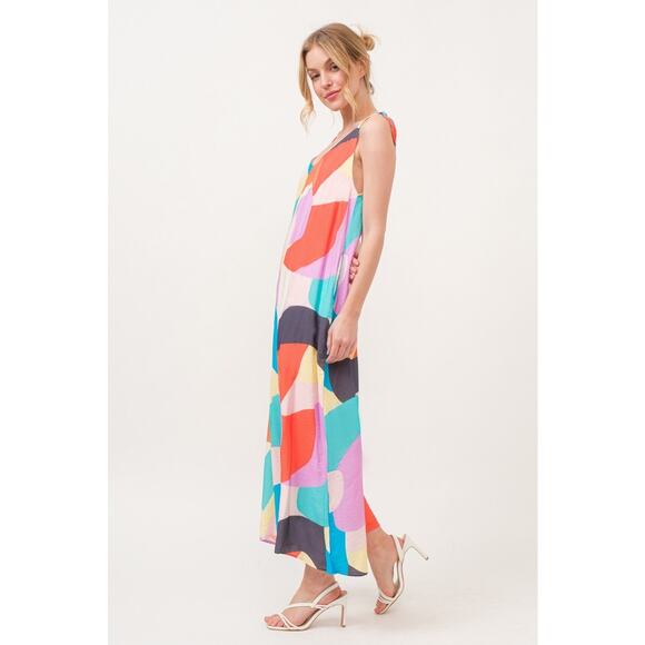 And The Why Tied Shoulder Straps Geo Print Pockets Wide Leg Jumpsuit | Yellow - Picture 5 of 11